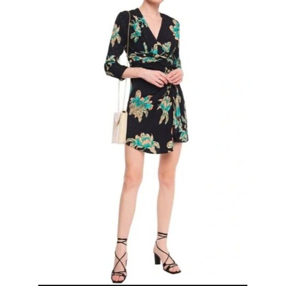 NWT Sandro Bruni Wrap-effect Draped Floral-print Jacquard Mini Dress 42 US 10 - Picture 1 of 5